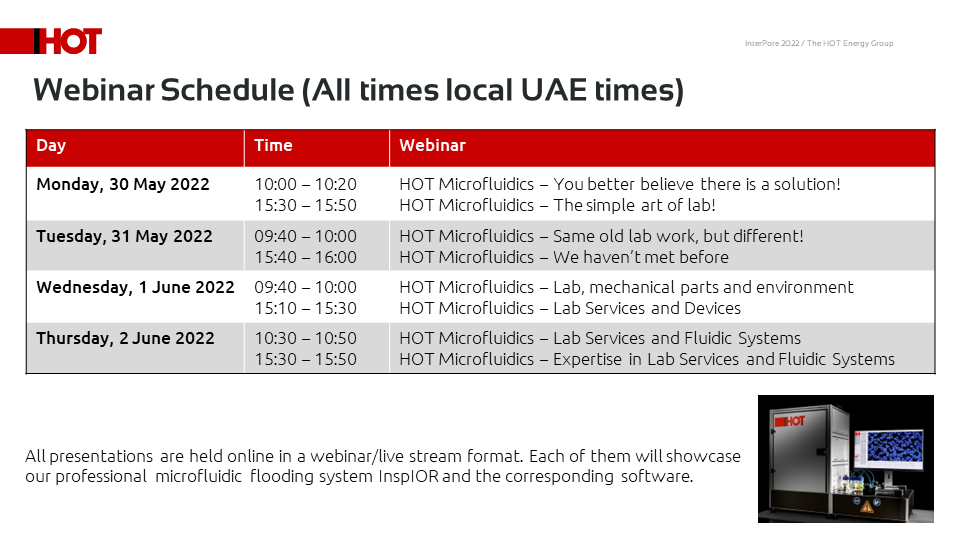hotenergygroup's tweet photo. Our HOT Microfluidics team will conduct a series of webinars during InterPore 2022, showcasing our professional microfluidics flooding system InspIOR. We invite you to join and look forward to seeing you!
#hotenergygroup #hotengineering #hotmicrofluidics https://t.co/U3Wxamyijx