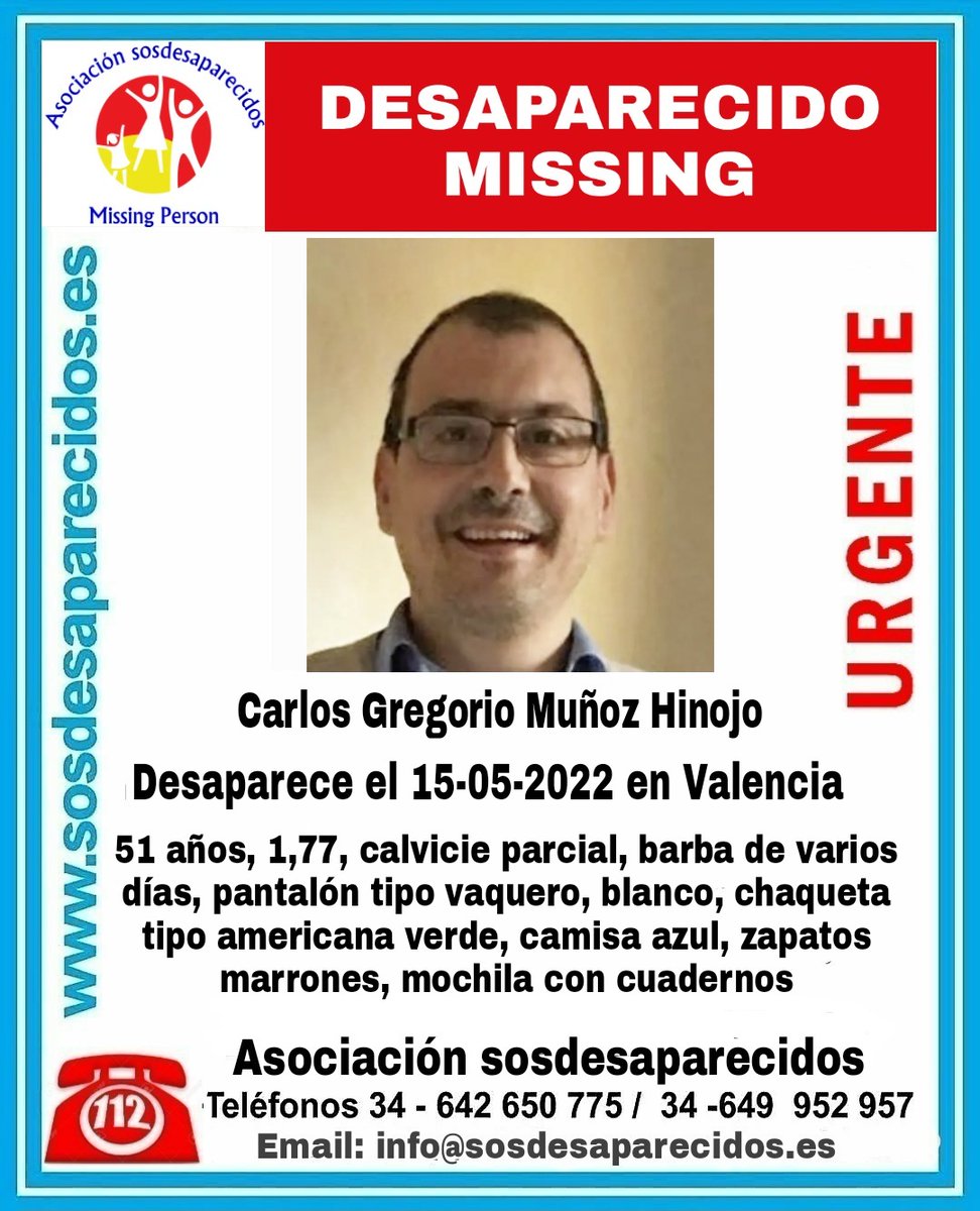 Es amigo mio. Hecho ya para toda España y PN y GC haciendo su trabajo. Todo suma. Aunq sea recuperar su cuerpo. Hace ya muchos dias. Pesa 89kg y ahora no lleva gafas. Difundid por favor