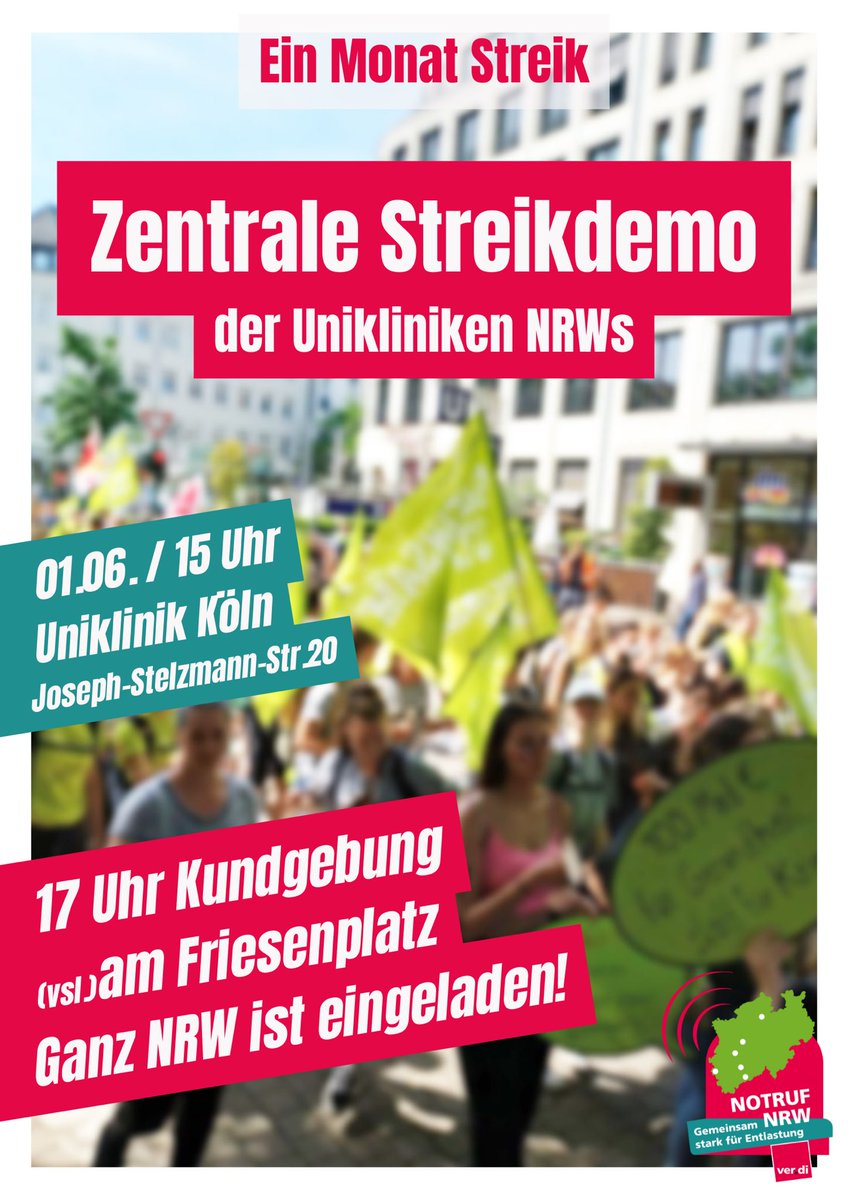 notruf_NRW's tweet photo. 🚨Am 01.06 befinden wir uns einen Monat im Streik. Zu diesem Anlass findet ein zentraler Streiktag in Köln statt.
📍Demostart: 15 Uhr am Streikposten (Joseph-Stelzmann-Str 20)
📍Abschlusskundgebung: 17 Uhr am Friesenplatz
Kommt alle und unterstützt eure Klinikbeschäftigten. https://t.co/3oUWOGSDDh