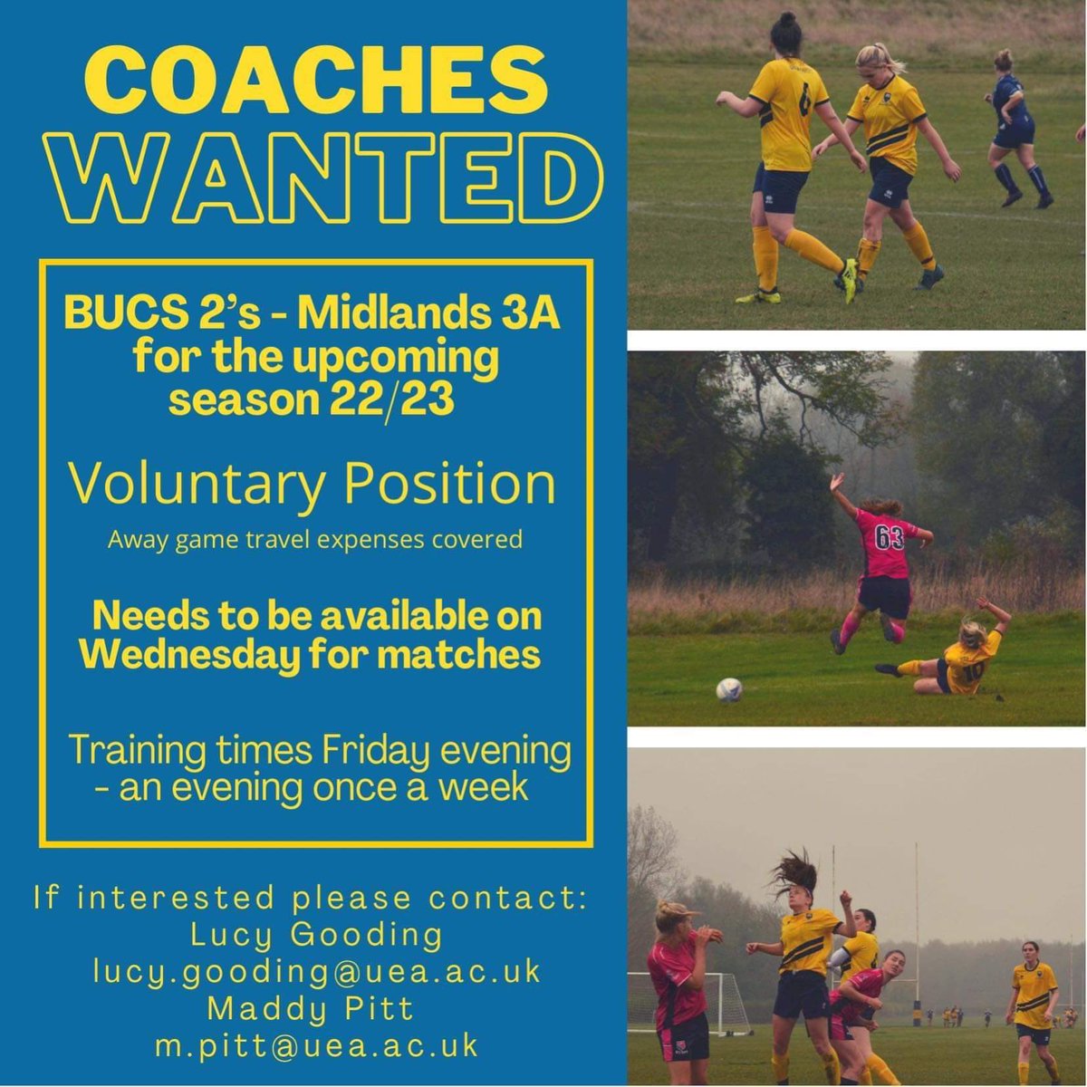 UEAWFC's tweet photo. ‼️COACHING OPPORTUNITIES‼️

If you are interested in either of the roles below please get in touch via email. https://t.co/tDWolZZvUE