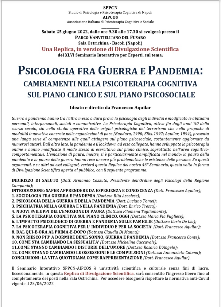 REPLICA IN FORMA DI DIVULGAZIONE SCIENTIFICA DEL 46° SEMINARIO. Sabato 25 giugno prossimo, nel Parco Vanvitelliano del Fusaro a Bacoli (NA), ore 9.30-17.30. Ingresso libero fino ad esaurimento posti nella Sala Ostrichina.
#Seminario46