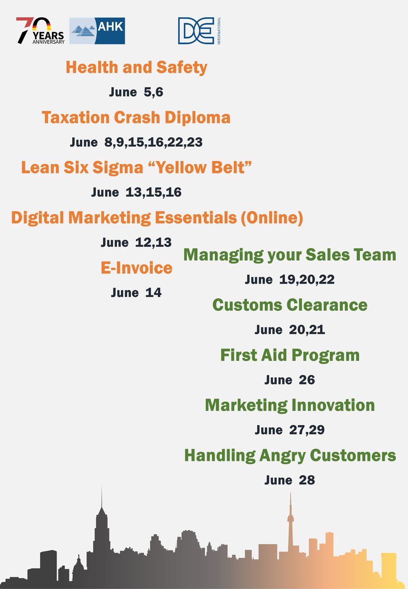 German-Arab Chamber 🇪🇬🇩🇪 (@gacicegypt) on Twitter photo All Your Training Needs in One Place.
Find out more about our Training Plans for June 2022.
For Registration, please visit:
forms.gle/1VC8aFAPUwXaAr…
For more information please contact:
Zena El Kady
002/ 010 2464 8111
zena.elkady@ahk-mena.com All Your Training Needs in One Place.
Find out more about our Training Plans for June 2022.
For Registration, please visit:
forms.gle/1VC8aFAPUwXaAr…
For more information please contact:
Zena El Kady
002/ 010 2464 8111
zena.elkady@ahk-mena.com