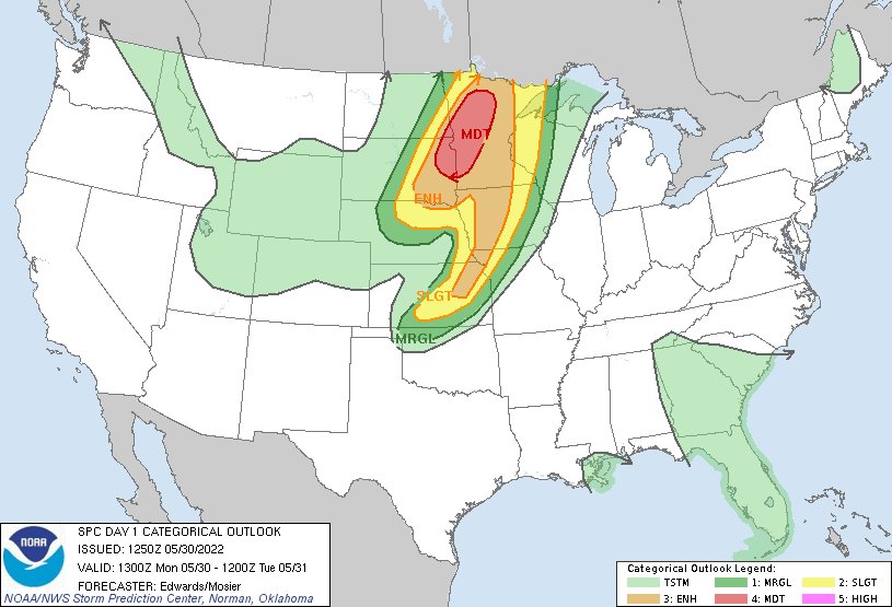 7:52am CDT #SPC Day1 Outlook Moderate Risk: over portions of eastern South Dakota, extreme southeastern North Dakota and western to northern Minnesota go.usa.gov/YWq5