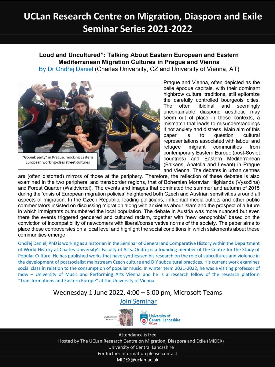 Join our next seminar on the 1st of June, 4PM-5PM (UK time), "Loud and Uncultured: Talking About Eastern European and Eastern Mediterranean Migration Cultures in Prague and Vienna" by Dr Ondřej Daniel. TEAMS link: bit.ly/3lTz5Gu