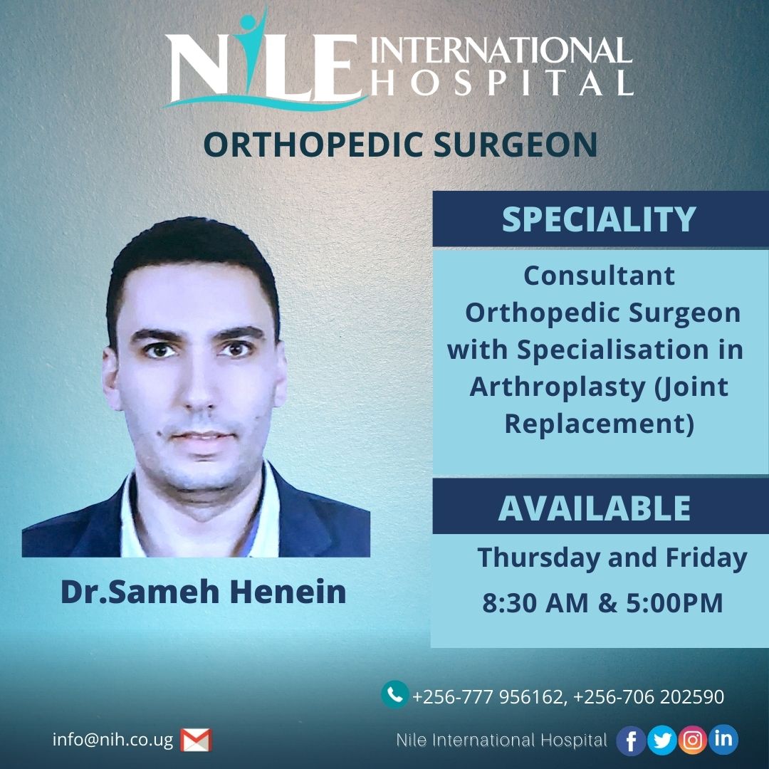We now have a Consultant Orthopedic Surgeon with Specialisation in 
Arthroplasty (Joint Replacement).Available every Thursday and Friday from  8:30 AM to 5:00PM
#orthopedics #orthopedicsurgery #orthopedicdoctor #orthopedicspecialist #UgandaNews  #NileInternationalHospial