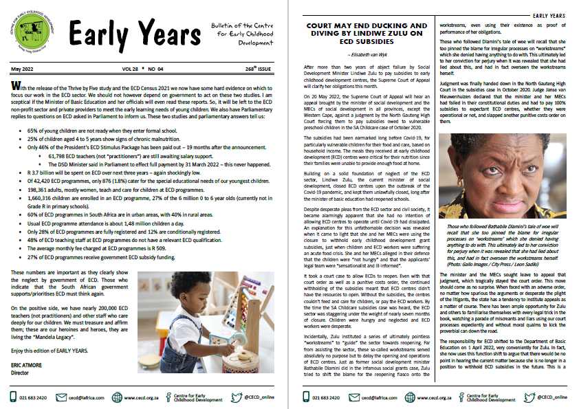 CECD_online's tweet photo. The latest edition of EARLY YEARS, CECD's newsletter to the #ECD #NPO sector, in now available online!
This edition focuses on the #ECDsubsidies case that was heard at the Supreme Court of Appeals this month, as well as the ongoing #ECDstimulus battle. https://t.co/52kJAsswGh https://t.co/afaxoAmh1s