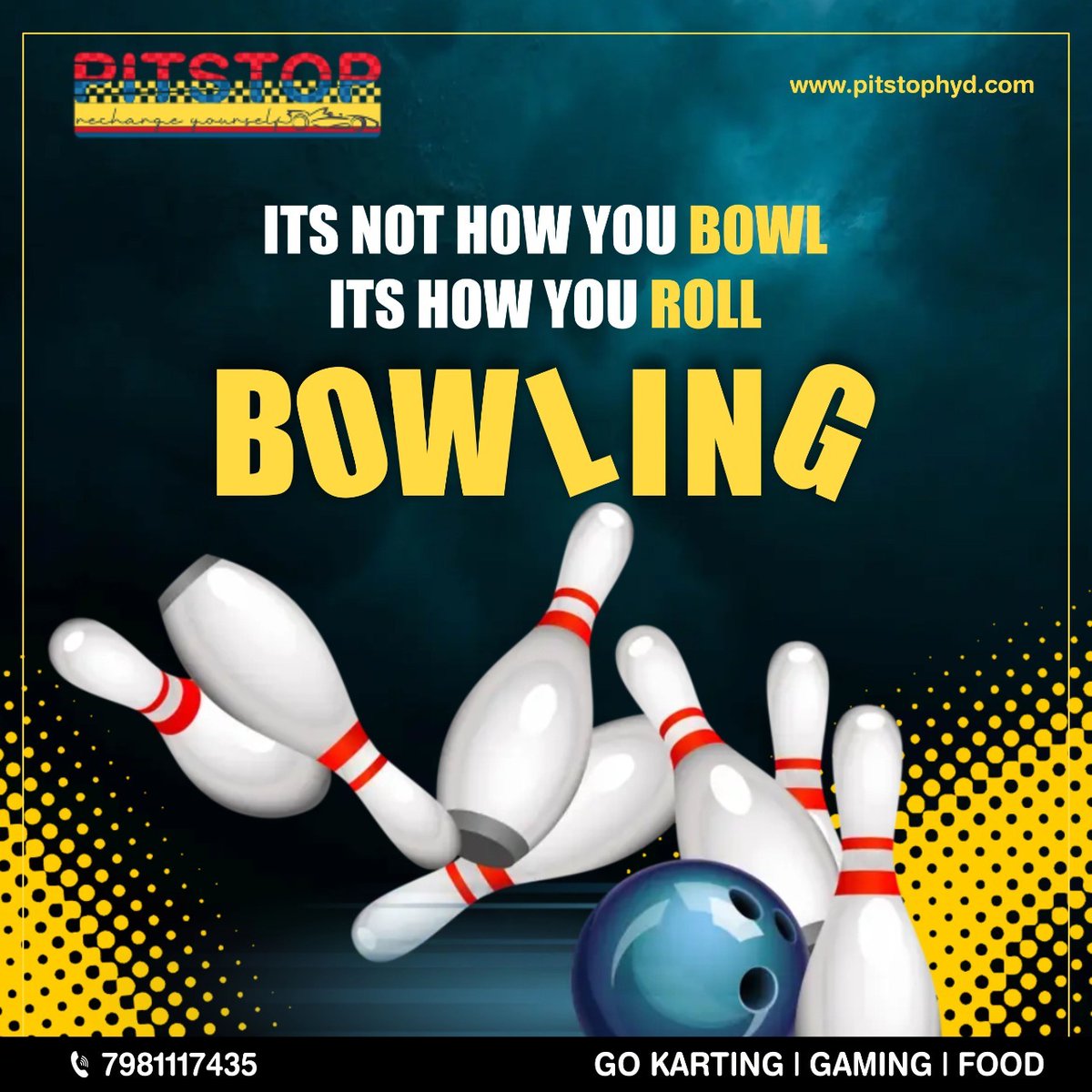 pitstophyd's tweet photo. IT'S NOT HOW YOU BOWL IT'S HOW YOU ROLL
Bowling Alley 
Visit: Pitstop, Raj Nagar, Necklace Road, Khairtabad.
Call - 7981117435
Timings - 11 AM - 12 AM

#pitstop #bowling #gokarting #skycycling #bowlingalley #games #segway #AdventurePlace #adventuretime #NecklaceRoad #Hyderabadi https://t.co/BTE47S946N