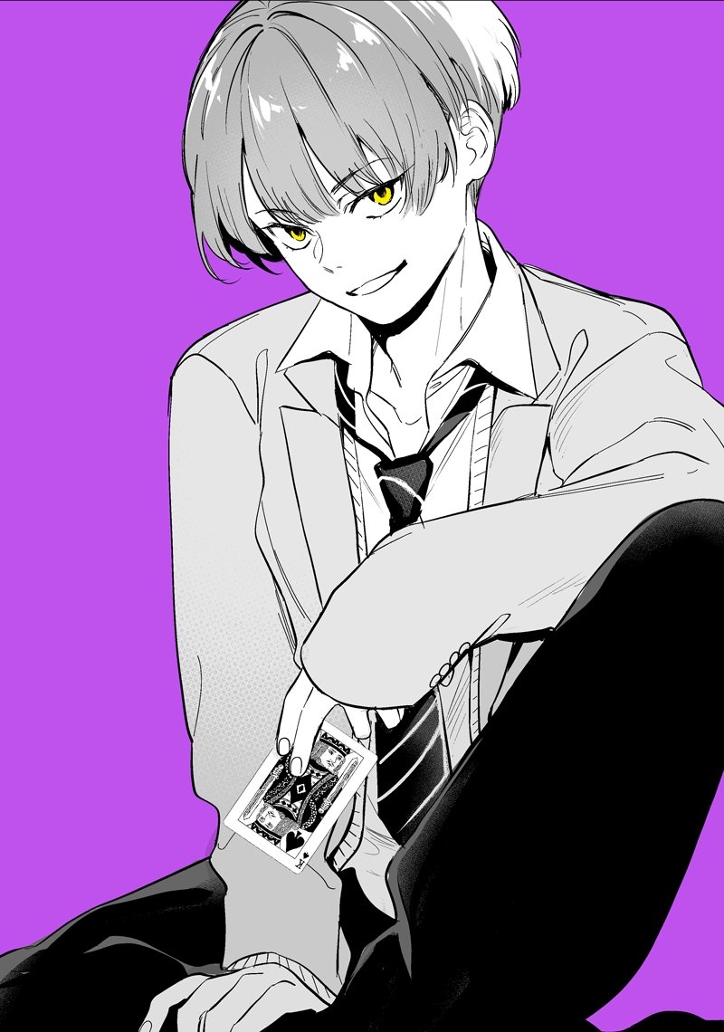 1boy male focus solo necktie purple background yellow eyes smile  illustration images