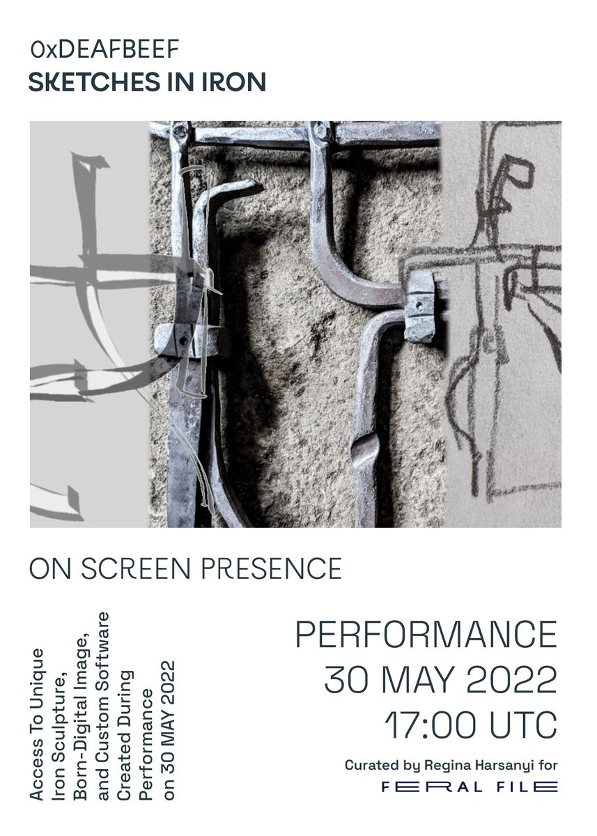 ReginaHarsanyi's tweet photo. Good morning, everyone! Today is the first day of #onscreenpresence performances on @FeralFile. Starting at 17:00 UTC sharp is @_deafbeef's SKETCHES IN IRON. An auction for the iron sculpture produced during the performance also begins at 17:00 UTC. You'll have 24hrs to bid. https://t.co/3jELBJL9Kg