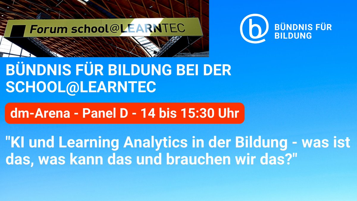 Für alle, die morgen am 31.5. Interesse an spannenden Panels bei der school@learntec haben: Das BfB ist mit 4 Themen mit dabei. Vom #Digitalpakt über #Schultransformation bis hin zu #KI. Einfach vorbeischauen ➡️ bfb.org/learntec2022

@learntec_news #LEARNTEC #LEARNTEC2022