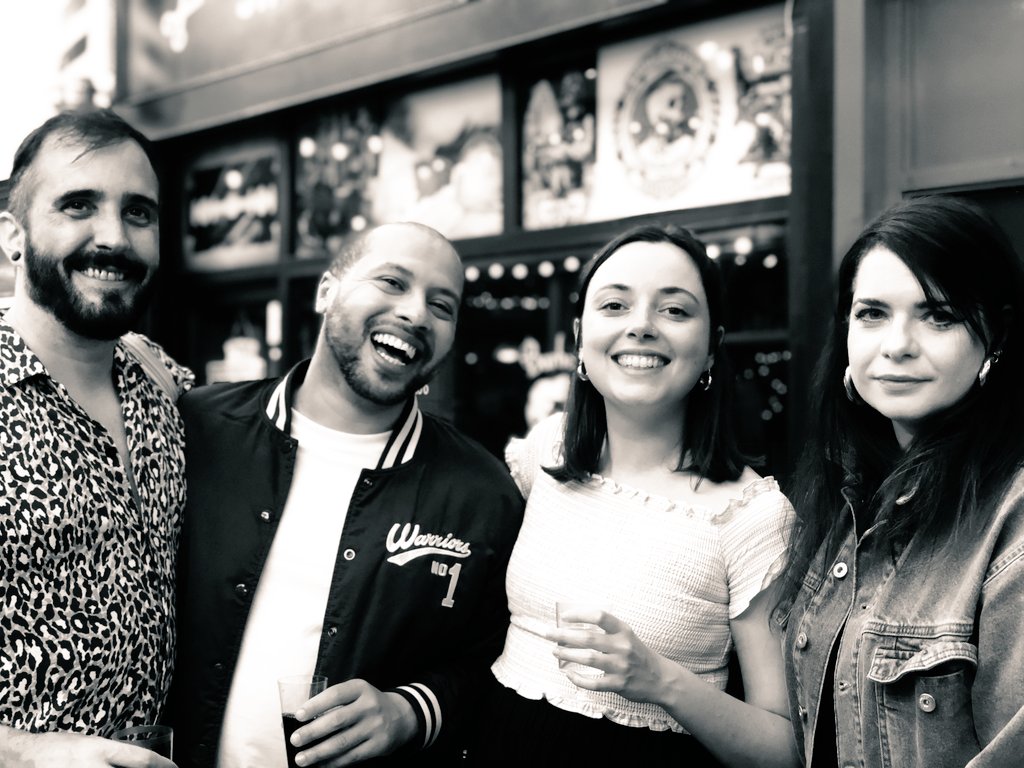 PollyLyallGrant's tweet photo. A very lovely launch night for @DeanAtta on Friday. Joyous moment meeting @EgoThEgo who illustrated the amazing cover for #OnlyOnTheWeekends 💜 https://t.co/RpqKPvHVbR
