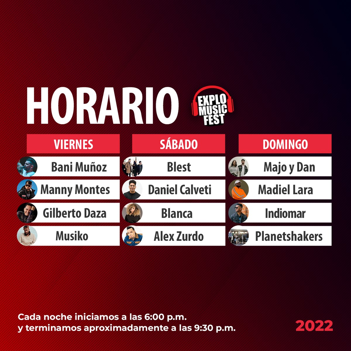 ¡Horario #Explo2022! 😱🚨🎧

Apresúrate para adquirir tus entradas platea y palco en fraterticket.com, Banrural y Fráter Librería.