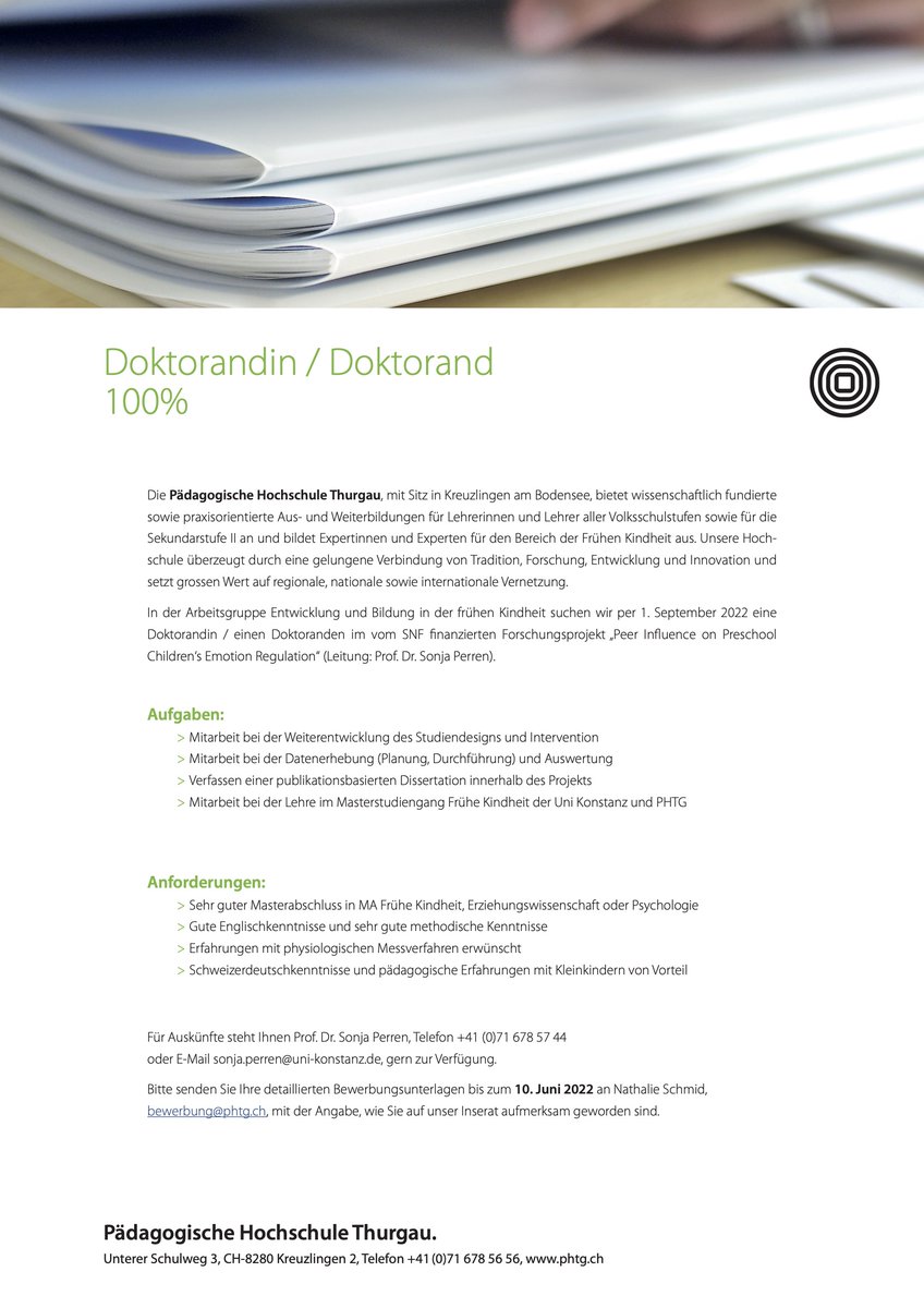 In meiner Arbeitsgruppe suchen wir fürs Projekt "Emotionen unter Kindern" eine zweite Doktorandin/Doktorand. @SSECR_ <a href="/fruehekindheit/">Binationales Zentrum Frühe Kindheit</a> #ssecr_jobs. fruehekindheit.ch/emu-emotionen-…
Bewerbungen sind bis 10. Juni 2022 möglich. 
(RT welcome!)