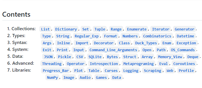 developer_quant's tweet image. Pythonの包括的なチートシート。
基本からライブラリまで、大量のコンテンツが1ページに詰め込まれている。
Comprehensive Python Cheatsheet
github.com/gto76/python-c…