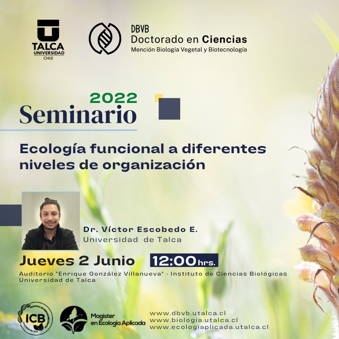 📣El jueves 2 de junio continúa el ciclo de #seminarios #DBVB <a href="/utalca/">Universidad de Talca</a>. En esta ocasión, el Dr. Víctor Escobedo presentará la charla "Ecología funcional a diferentes niveles de organización". 
¡Los/as esperamos!