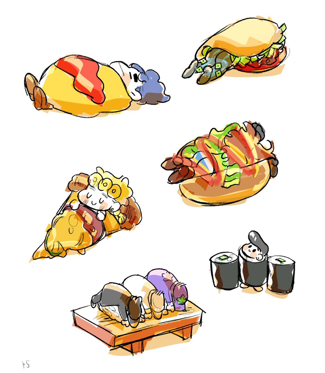 giorno giovanna food sushi blonde hair white background food focus sleeping multiple boys  illustration images