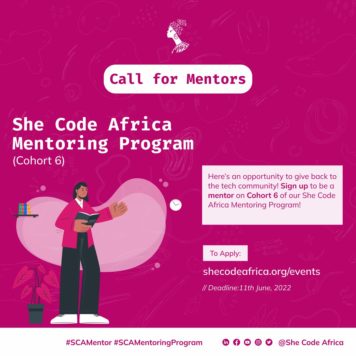 SheCodeAfrica's tweet photo. Here’s an opportunity to give back to the tech community! Sign up here 👉https://t.co/05FAG7qxXK to be a mentor on Cohort 6 of our Mentoring Program!

Play a part in the success of our girls' tech careers by sharing your technical skills and experience with mentees.

#SCAmentor https://t.co/gTlQ3EIzqw