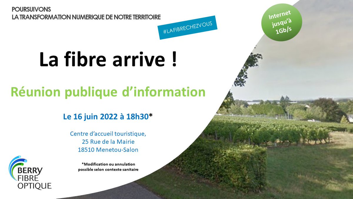 🗓️ J-2 #LAFIBRECHEZVOUS 
Pour les habitants éligibles des communes de Menetou-Salon, Quantilly et Saint-Palais. 
À cette occasion une réunion publique est organisée le 16 juin 2022 à 18h30.