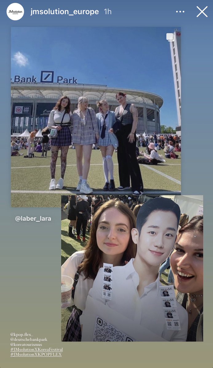 JM Solution Europe  IG Story - German and European fans pose with a Jung Haein standee at the JM Solution booth in Frankfurt