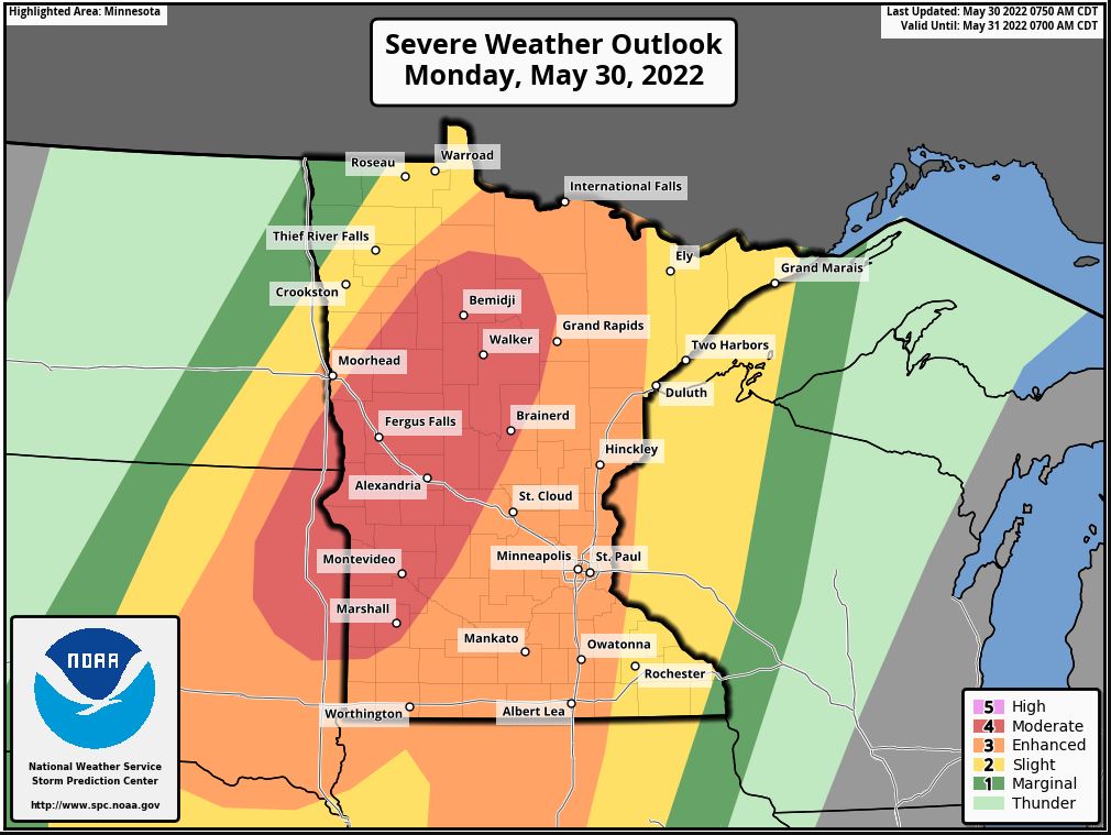 The threat for severe weather has shifted farther East. The metro is now under a Level 3 risk for large hail, damaging winds, and isolated tornadoes. Storms will start developing into NE South Dakota and SW MN this afternoon, and quickly fire off toward the NE. #stayskyaware https://t.co/Daga3WF9xo