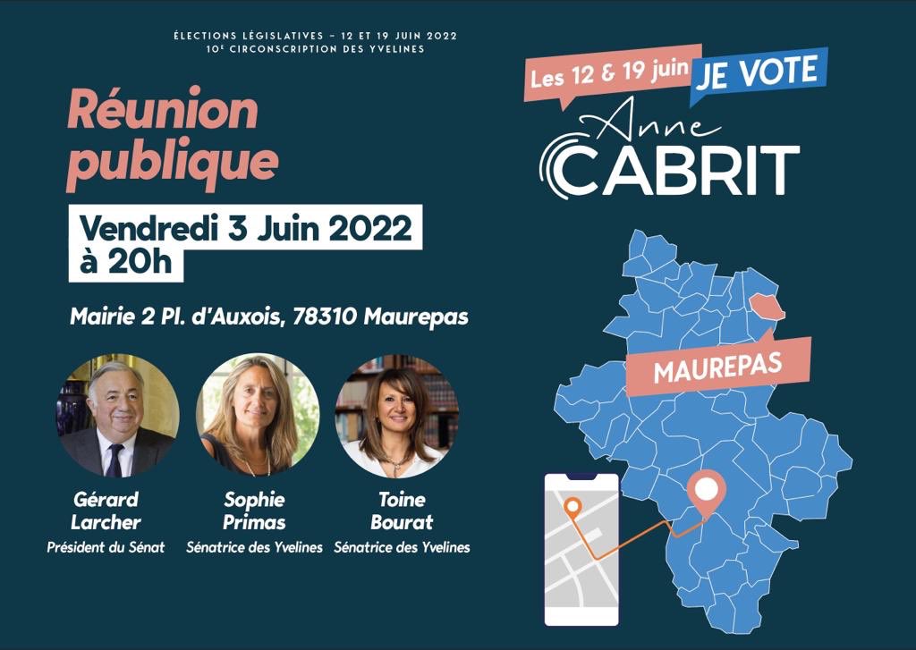 Anne_Cabrit's tweet photo. 🗣Je serai ce vendredi 3 juin à 20h à Maurepas avec mon suppléant @emmanuelD78 pour une grande réunion publique en compagnie de  @gerard_larcher, @sophieprimas et @ToineBourrat.

À vendredi ! 🚀

#VousEcouterVousDefendre
#Circo7810 https://t.co/oTQx5kJiyJ