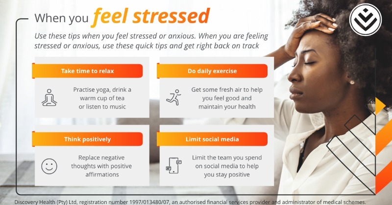 Discovery_SA's tweet photo. @dennismdalu What are your coping mechanisms when you're stressed or anxious?😰 We want to equip you with tips and must-know information to help you.
Use these suggestions to get back on track 🙂 

Reply #OptOut to unsubscribe🙂
