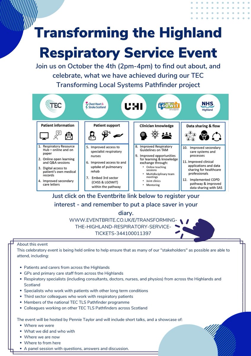 NHSHighlandTEC's tweet photo. October is fast approaching, register now to join us for the Transforming the Highlands Respiratory Service Event 4th October! ⬇ https://t.co/qLmFnlHDSX

#RespirtoryEvent #NHSH #NHSHighlands  @NHSHighland @NHSHLibraries @NHSHresearch @NHS_Education @CHSScotland @ThinkUHI @LGOWIT https://t.co/qr9tIyJ6aB