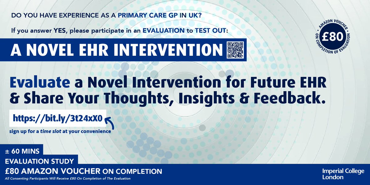 A H M E D (@ahmedmp) on Twitter photo <a href="/ImperialDyson/">Dyson School of Design Engineering</a> at <a href="/ImperialCollege/">Imperial College London</a> invites UK based Primary Care GPs to take part in study evaluating a novel intervention for next generation EHRs in Primary Care. (±60mins & £80 Amazon voucher on completion of the evaluation) bit.ly/3t24xX0 <a href="/ImperialDyson/">Dyson School of Design Engineering</a> at <a href="/ImperialCollege/">Imperial College London</a> invites UK based Primary Care GPs to take part in study evaluating a novel intervention for next generation EHRs in Primary Care. (±60mins & £80 Amazon voucher on completion of the evaluation) bit.ly/3t24xX0