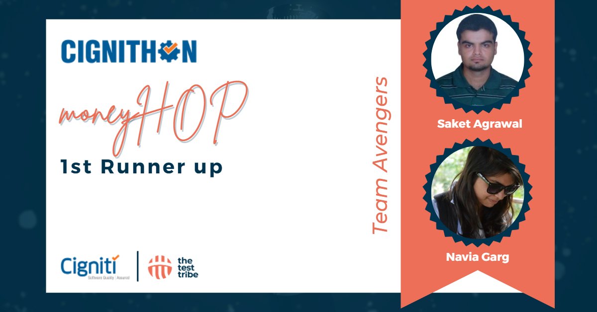 the_test_tribe's tweet photo. Congratulations to @SaketAgrawal25 and Navia Garg for securing 2nd place in the @moneyhop_ App! ๐๐
@cigniti
.
.
.
#Cignithon #thetesttribe #hackathon https://t.co/FAbv5MCAhD