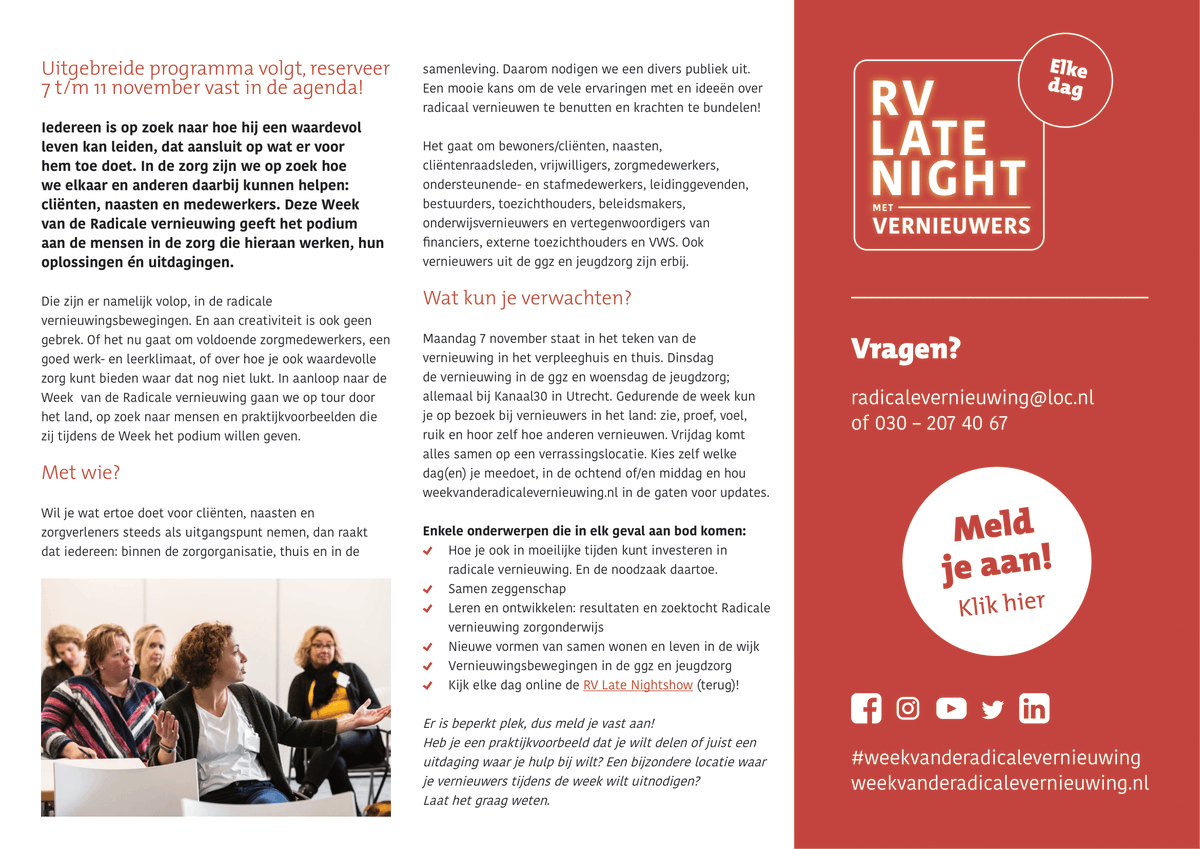 Van 7 tot en met 11 november organiseren we de #weekvanderadicalevernieuwing

Doe je mee?
weekvanderadicalevernieuwing.nl