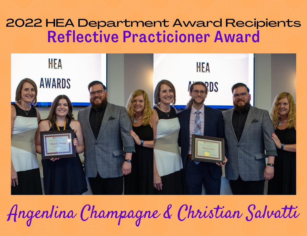 buffalostatehea's tweet photo. Congratulations to the 2022 Reflective Practitioner Award Recipients, Angelina Angie Champagne and Christian Salvati

This is the first of four departmental awards centered around our four core values of reflection, social justice, collaboration and authenticity. https://t.co/xCF2vnlgWk