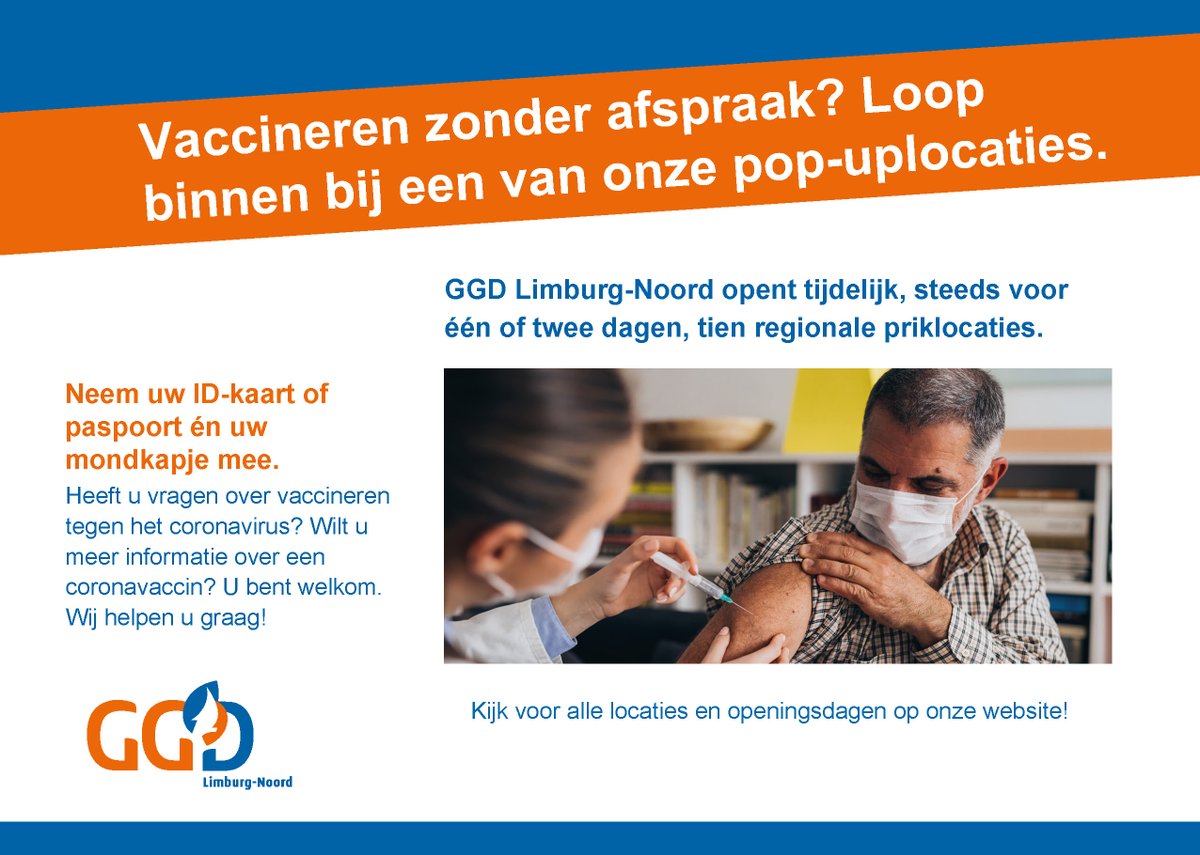 ggdln's tweet photo. GGD Limburg-Noord opent 10 tijdelijke priklocaties. Loop binnen voor een (eerste, tweede) #coronaprik, booster- of herhaalprik. Deze week kun je in Venray, Panningen, Horst, Weert, Roermond en Heythuysen terecht. Kijk voor alle locaties en openingsdagen 👉 https://t.co/aCISWjWWCf https://t.co/6MWCvAr8LC