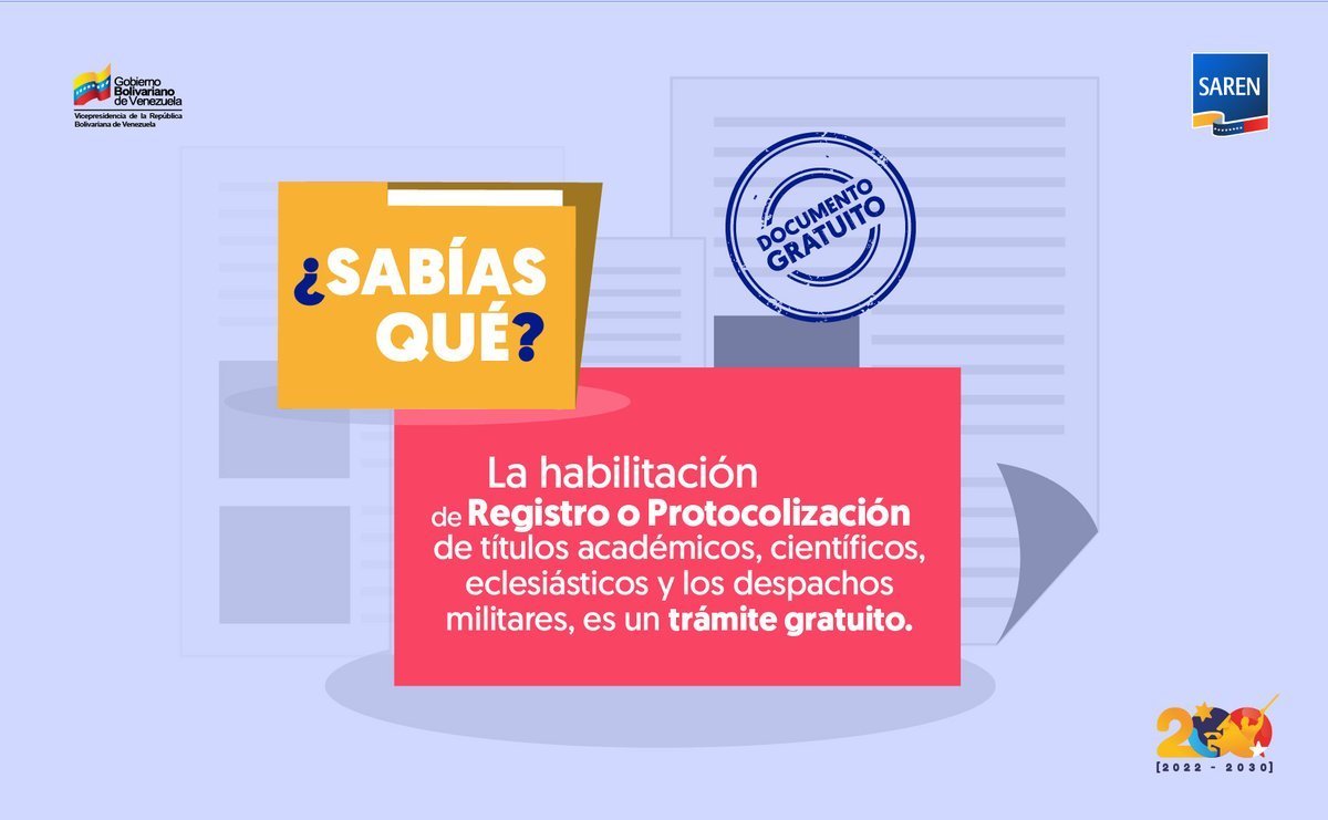 #SabíasQué 👉 La habilitación de Registro o Protocolización de títulos académicos, científicos, eclesiásticos y los despachos militares, es un trámite gratuito.     

#30May 
#VenezuelaSoberana