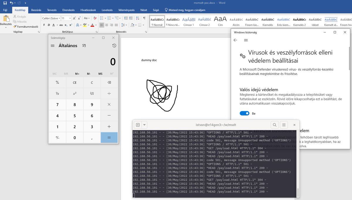 Reproduced the MS-MSDT Office RCE (on up-to-date Win10 and up-to-date Office 2019). Had some troubles with building the appropriate docx with external HTML reference, so quickly made some notes how to do it, step-by-step: gist.github.com/tothi/66290a42…