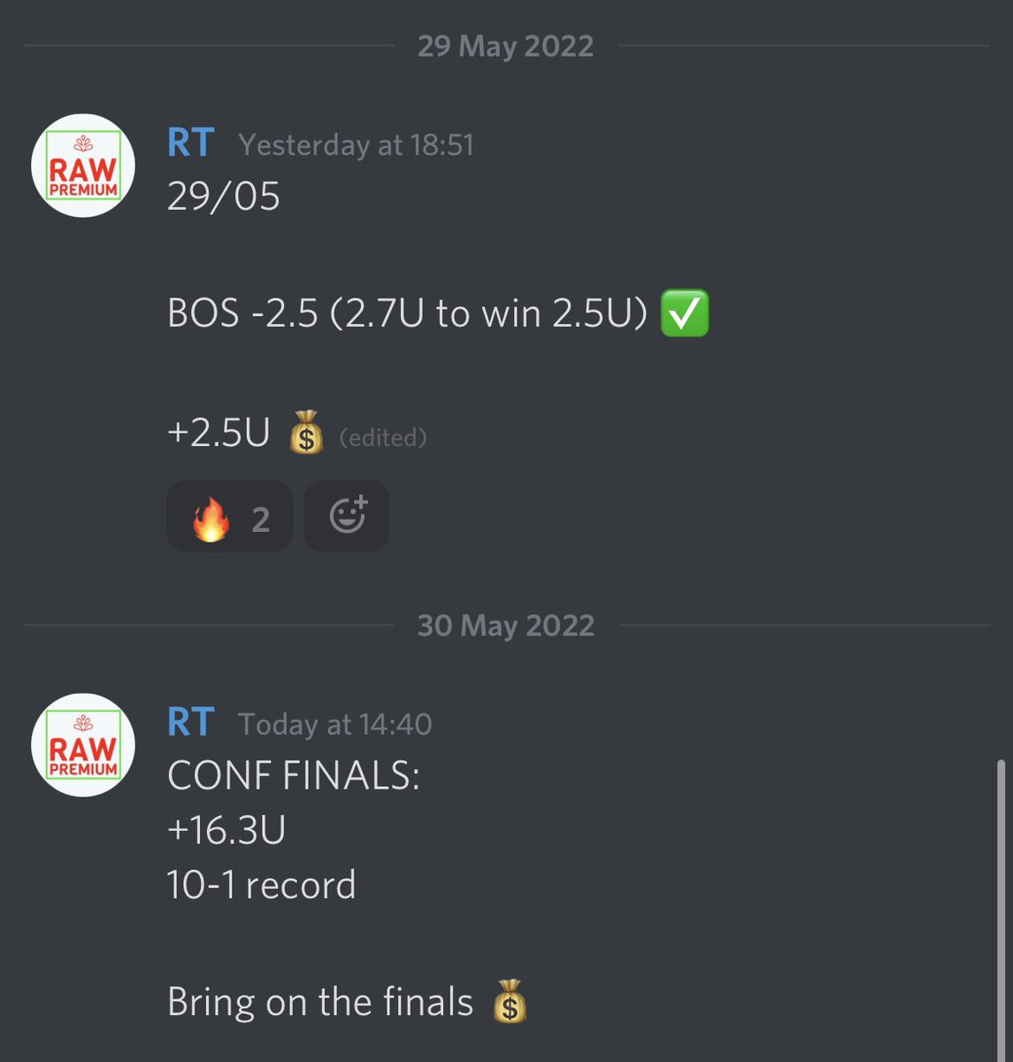 TipsRaw's tweet image. We’re still active on our discord if anyones interested in NBA picks for the Finals (DM us)

Some of our conference finals results:

10-1 record (+16.3U)