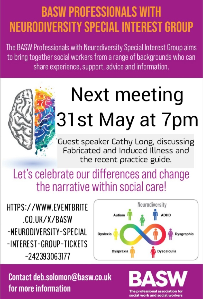 Next meeting tomorrow with guest speaker <a href="/MissRub46071882/">Cathie Long</a>, come and join us at 7pm!
lnkd.in/egjJd2m3 

<a href="/BASW_UK/">BASW</a>

#neurodiversity #socialwork