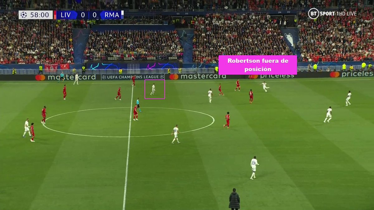 El gol del Real Madrid es una jugada buenísima que nace de Modric y su capacidad para retener y filtrar en el momento exacto. Atrae a Robertson (lateral izquierdo) y eso deja un 3x3 en última línea.