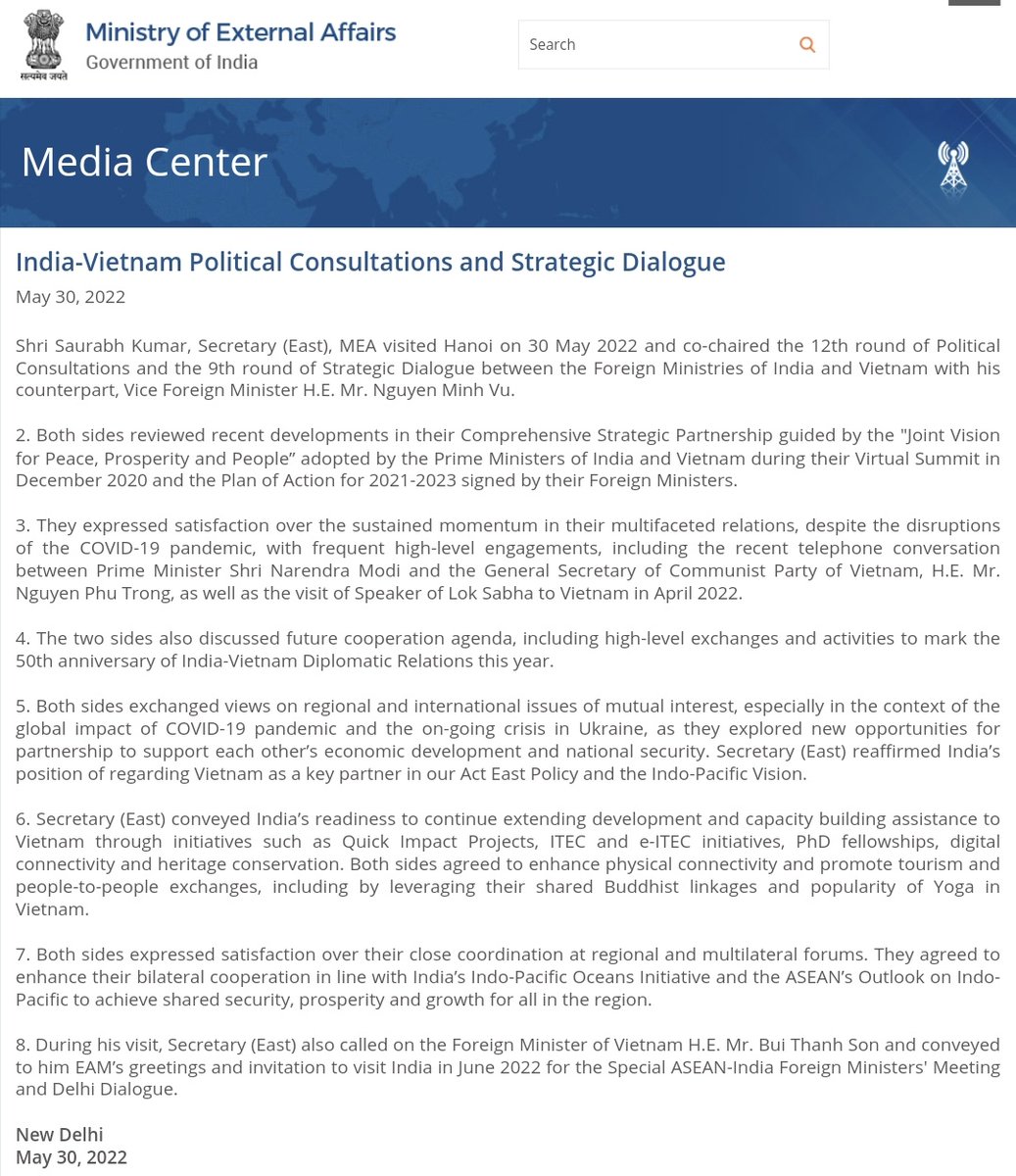 India-Vietnam Political Consultations and Strategic Dialogue. India announcement on the meet: