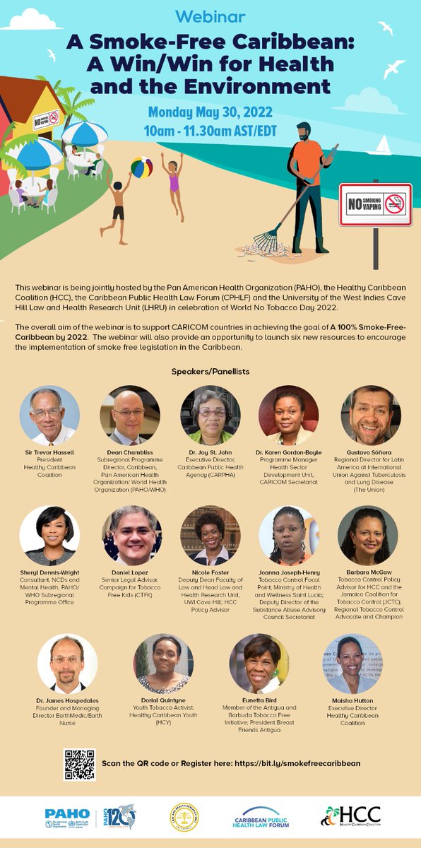 Happening now!!!!!
@CARPHA1 is excited to join @HealthCaribbean @PAHOCaribbean on #WNTD2022 in this Webinar about A Smoke-Free Caribbean:A Win/Win for Health and the Environment
Miss this and blame yourself!
@CARICOMorg @Earth_Medic @UWICaveHillLaw