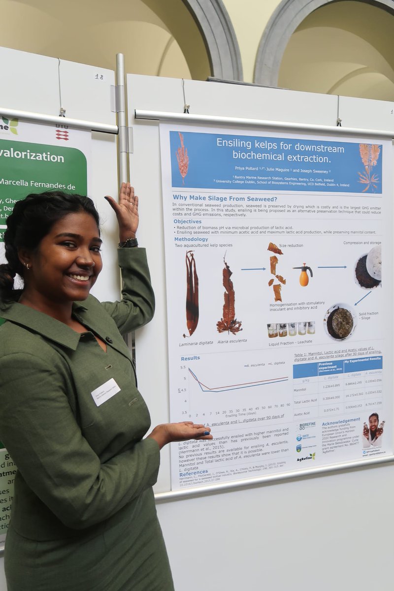 BantryMarineRS's tweet photo. @PriyaPollard presenting her poster at the @Bioref_Cluster #conference in #ghent 
#ensiling #kelps for downstream biochemical extraction.
Priya is an ESR on the @AgrefineI project. 
#EUgreenweek  #biorefineconference https://t.co/yxGOWxZtJt
