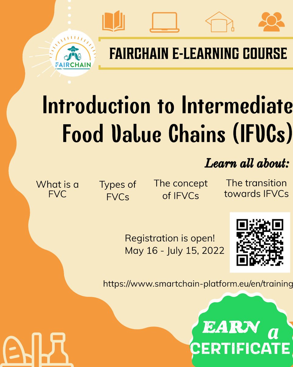 FairchainEU's tweet photo. 📢 Register today for the FAIRCHAIN e-learning course on Introduction to Intermediate Food Value Chains‼️

More info: 👉https://t.co/KdR9Qy73sD

#H2020FoodSis #elearning #IFVC https://t.co/KL0rixdjyH