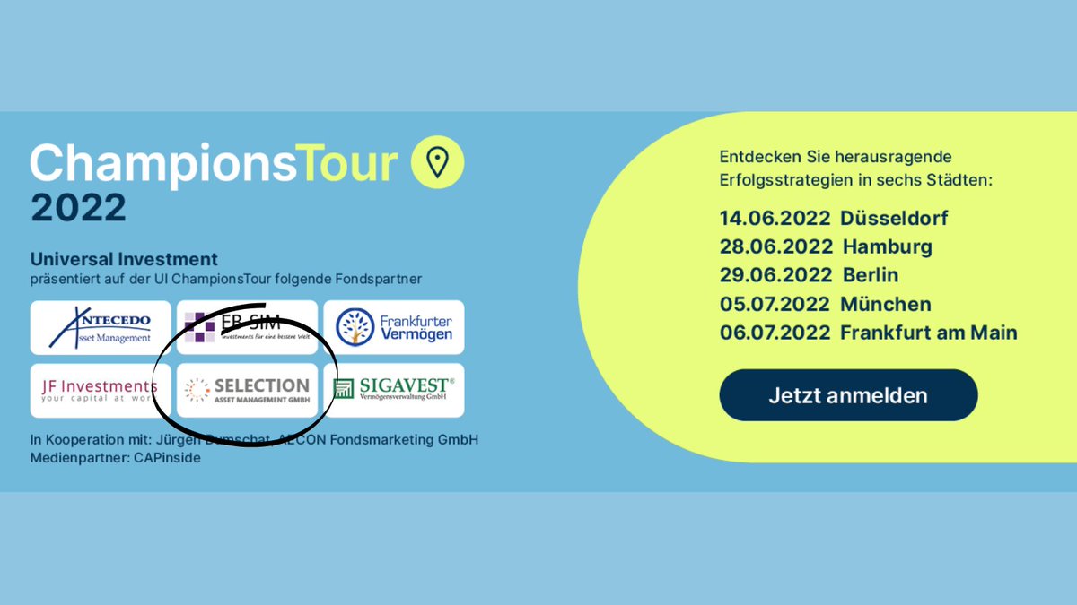 AssetSelection's tweet photo. JETZT SCHNELL NOCH ANMELDEN!
Mit der UI #ChampionsTour 2022 präsentieren wir Ihnen unsere Anlagestrategie. Treffen Sie uns und die anderen Fondspartner in Düsseldorf (14. Juni – ausverkauft) und vier weiteren Standorten. Anmeldemöglichkeit: https://t.co/lkEnd5fndh https://t.co/VBrLgF64kU