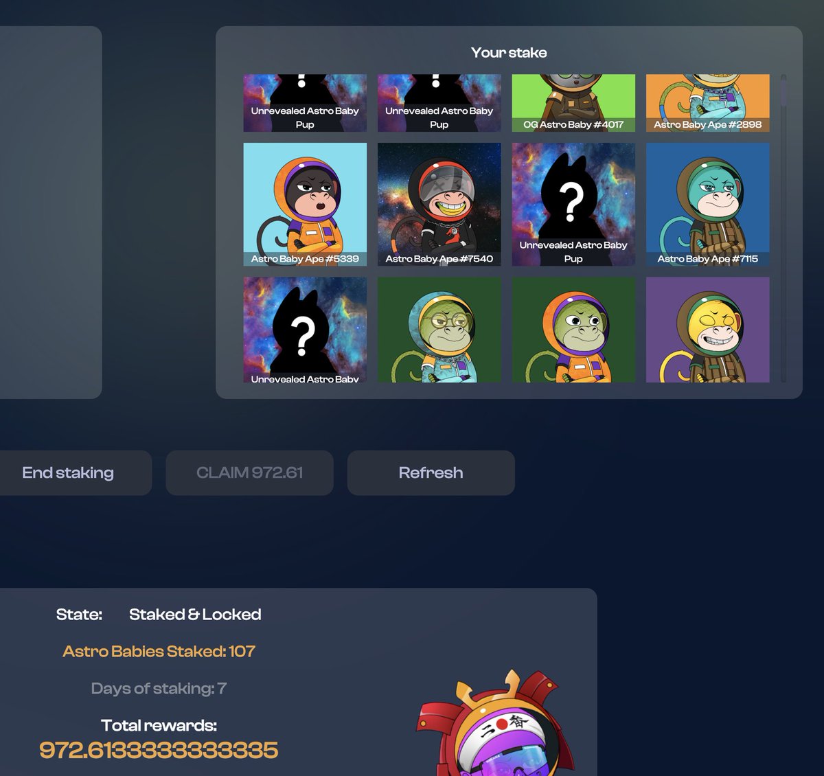 almarkRadan2's tweet photo. Staking and rewards going on 💪107 staked 👍#NFTSTAKING #StakingRewards #Staking #NFTAirdrop #nftsolana #NFTMarketplace #gems #MagicEden #solsea @AstroBabiesNFT https://t.co/Te8cB8y82N