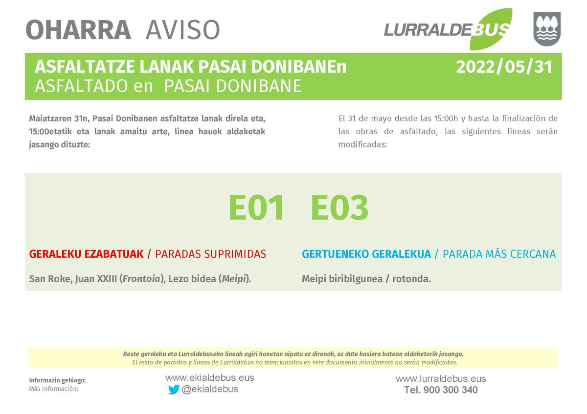 Lurraldebus's tweet image. 📆Maiatzak 31. 

📢#Pasai #Donibane geraleku aldaketak

🚧Asfaltatze lanak

⏰15:00etatik eta lanak amaitu arte

🚍geraleku aldaketak jasango dituzte:

E01 E03
