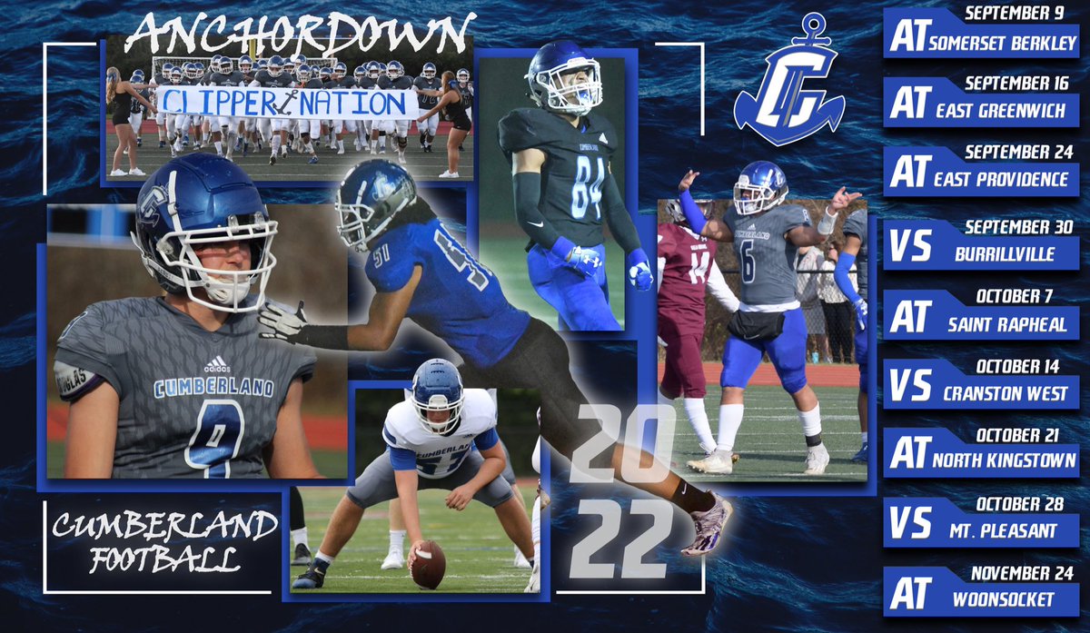 🗓Mark your calendar… 2022 Varsity Game Schedule🗓
@ Somerset-Berkley 
@ East Greenwich
@ East Providence
Burrillville (Youth Football Night)
@ St Raphael 
Cranston West (Homecoming)
@ North Kingstown
Mt Pleasant (SR Night)
Quarterfinals
Semi-Finals
Super Bowl 
@ Woonsocket (TG)