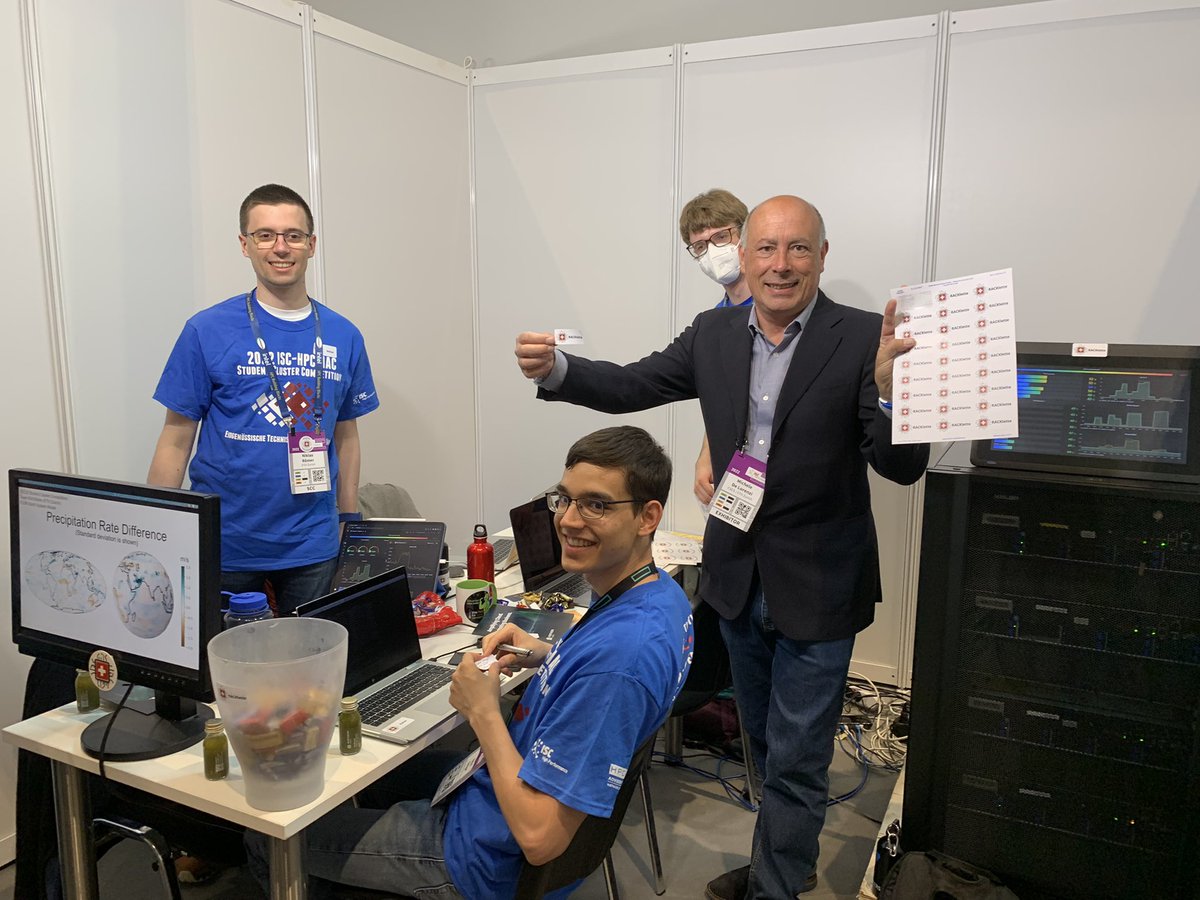 cscsch's tweet image. Team @ETHRacklette is in full swing @ISChpc !! Michele De Lorenzi @cscsch at the Student Cluster competition to support the team!!Good luck, team! #HPC #ISC22