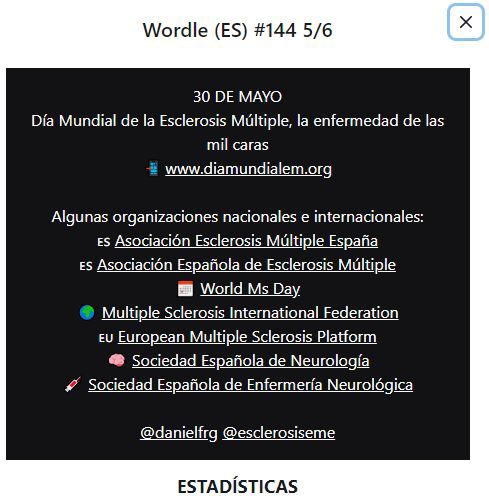 esclerosiseme's tweet photo. ✅ Wordle ha dado visibilidad en este #DíaMundialEsclerosisMúltiple a todas las personas que viven con la denominada enfermedad de las mil 🅒🅐🅡🅐🅢 : https://t.co/CFdj7Gpjfl 

Una acción que no habría sido posible sin la colaboración de @danielfrg. 

¡Muchísimas gracias! 🧡 https://t.co/vZbtOxygTh
