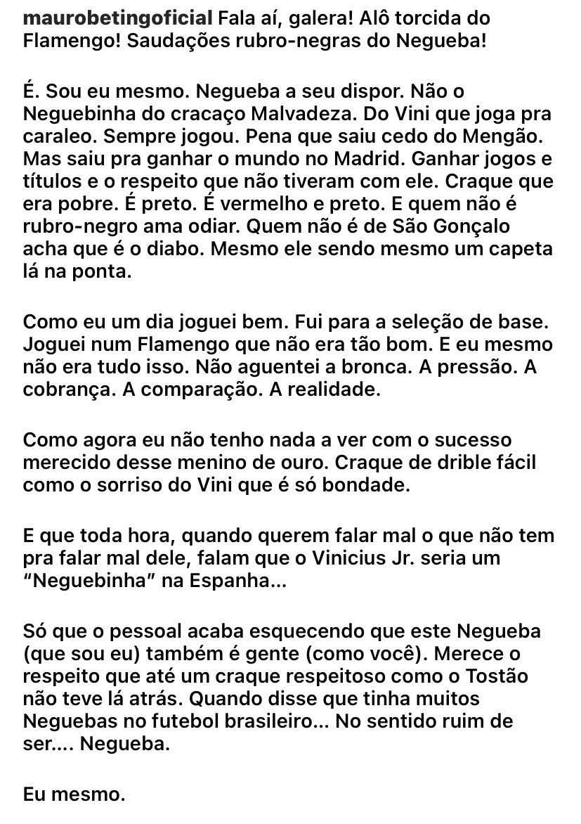 futebol_info's tweet photo. Texto impecável de Mauro Beting sobre “Negueba e Vini Jr”. https://t.co/xImKso68Qn