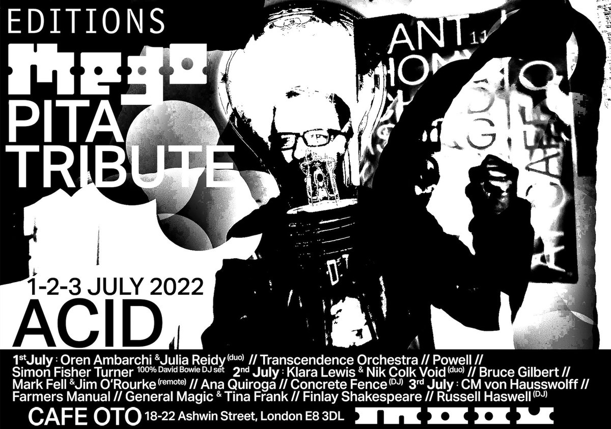 Cafeoto's tweet photo. Poster for 'GET OUT... GET IN', a Tribute to Peter Rehberg on the 1st, 2nd &amp; 3rd of July 2022 at OTO.

Design by @IdeologicOrgan.

https://t.co/NRIxCumAN9 https://t.co/sf4HJGu4xW