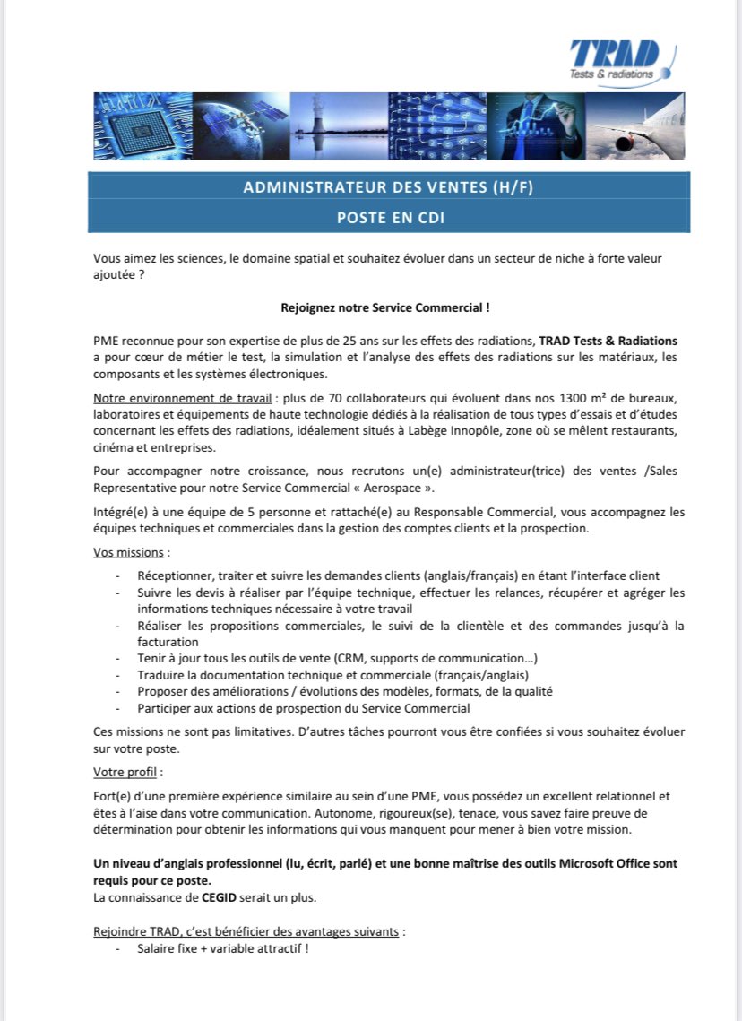 TRAD_Officiel's tweet photo. 📢 EMPLOI À POURVOIR 
TRAD recrute un(e) Administrateur/trice des ventes en #CDI 

❓ASAP
📍Toulouse - Zone d’activité Labège Innopole
📧 Contact : recrutement@trad.fr / https://t.co/pTOekULZZ7

Description du poste ci-dessous ⬇️

#recrutement #commercial #job #i4emploi https://t.co/MjjUPGllfS